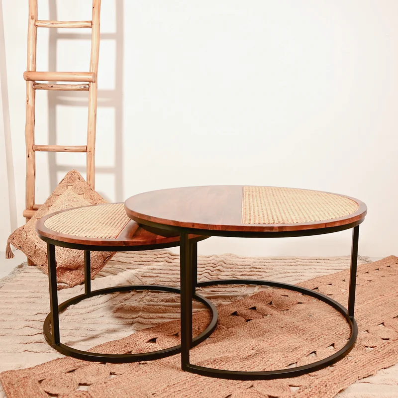 Lifestyle Set of 2 Half Cane Coffee Tables for Living Room